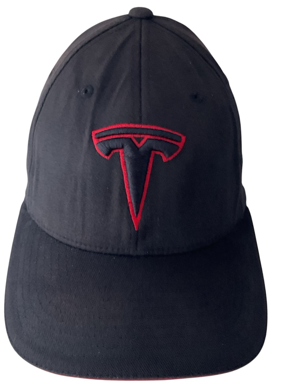 Tesla Auto Logo Black Hat Flexfit Baseball Cap Printed Red Emblem S/M